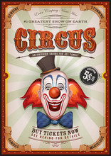 Vintage Circus Poster With Clown Head/ Illustration Of Retro And Vintage Circus Poster Background, With Design Clown Face And Grunge Texture For Arts Festival Events And Entertainment Background