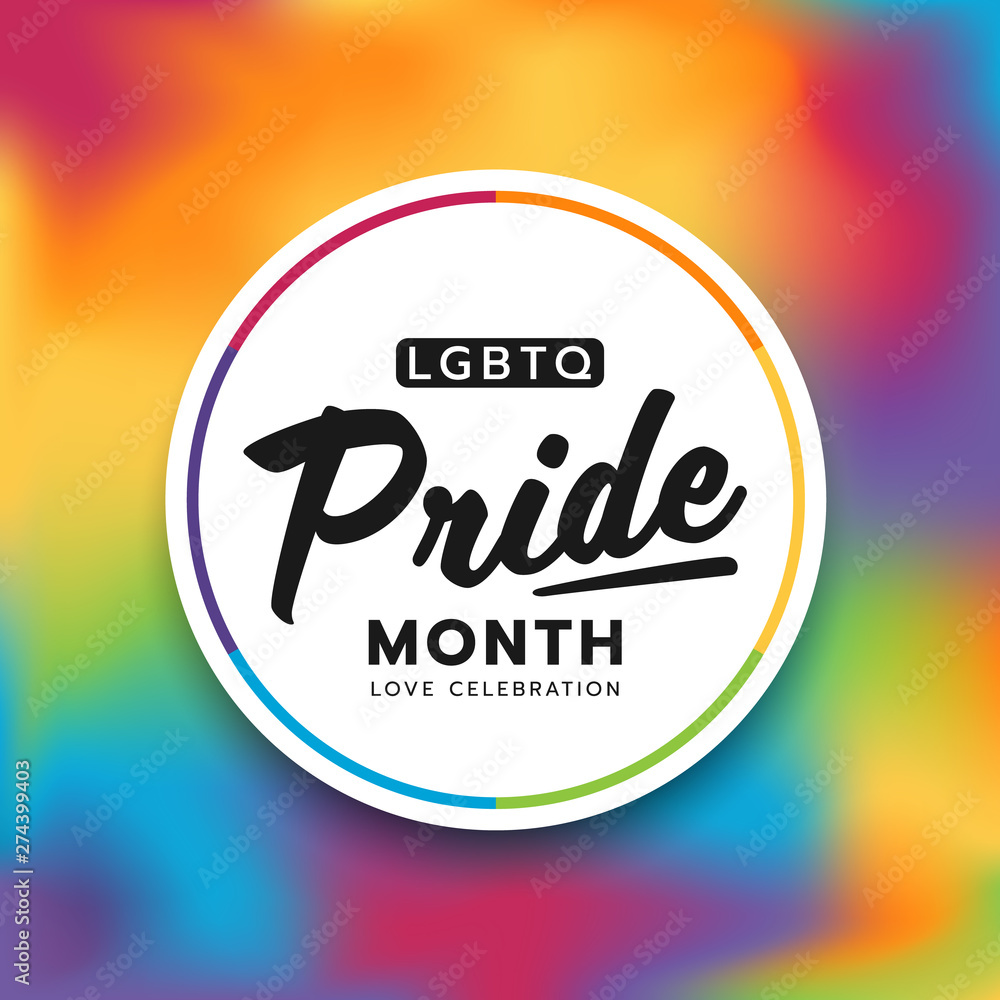 LGBTQ pride month circle banner text on abstract colorful rainbow blur ...
