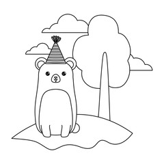 Sticker - cute bear animal with hat party in landscape