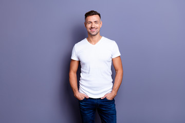 Canvas Print - Close up photo amazing he him his middle age macho perfect appearance easy-going reliable person show white teeth bristle wear casual jeans denim pants trousers white t-shirt isolated grey background