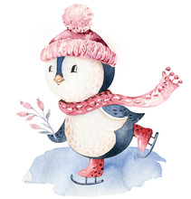 Watercolor Merry Christmas Character Penguin Illustration. Winter Cartoon Isolated Cute Funny Animal Design Card. Snow Holiday Season Xmas Penguins.