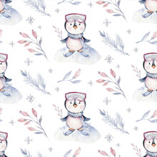 Watercolor Seamless Christmas Pattern With Birds ,penguins, Tree, Snowflakes, Branches. Penguin Winter Snow Hand Drawn