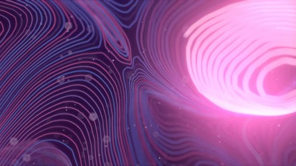 Poster - Pink colored abstract background with bright particles. Deformed wavy wires with orange motion glowing elements. Depth of field. 3D render loop animation. 4K, Ultra HD resolution.