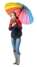 Chilled Young Woman With Umbrella On White Background