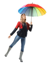 Beautiful Young Woman With Umbrella On White Background