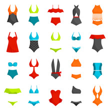 A Set Of Swimsuits Of Various Styles. Vector Collection Of Trendy Beachwear. Fashion Models Of Women's Swimwear.