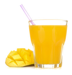 Wall Mural - Ripe fresh mango fruit and mango juice in a glass on a white isolated background. tropical fruit