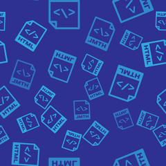Blue HTML file document icon. Download html button icon isolated seamless pattern on blue background. HTML file symbol. Markup language symbol. Vector Illustration