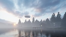 3d Render Of A UFO Above A Lake House