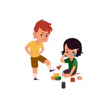 Boy With Bad Behaviour Bullying Crying Girl, Cartoon Kid Kicking His Sister's Toy Cubes