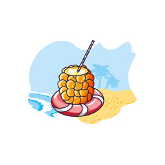 Sticker - cocktail of pineapple with float in the beach