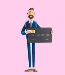 Sticker - Businessman Billy with black credit card. 3d illustration on pink background