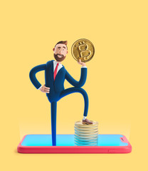 Wall Mural - Cartoon character Billy with bitcoin. Mobile banking concept. Online Bank. Cryptocurrency. 3d illustration on yellow background