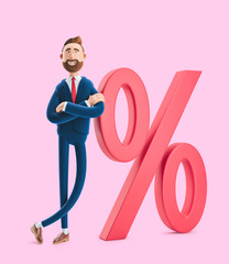 Cartoon character Billy and big percent icon. Concept business interest rate. 3d illustration on pink background