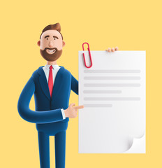 Handsome cartoon character Billy holds a completed document. 3d illustration on yellow background