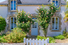 Beautiful Small House In Brittany, Typical Home With Rosebush And A Wooden Gate