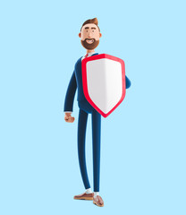 Sticker - Cartoon character Billy with shield. 3d illustration on blue background. Safety and protection in business