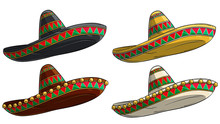 Cartoon Colorful Traditional Ornate Mexican Hat Sombrero. Isolated On White Background. Vector Icon Set. Vol. 2