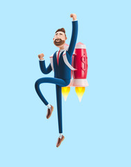 Wall Mural - Businessman Billy flying on a rocket Jetpack up. 3d illustration on blue background. Concept of  business startup, launching of a new company.