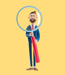 Sticker - 3d illustration. Portrait of a handsome businessman with magnifier on yellow background.