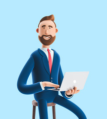 Sticker - 3d illustration. Portrait of a handsome businessman with laptop on blue background.