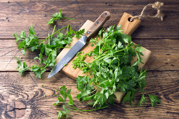 Bunch of fresh organic parsley on a cutting board on a wooden table, selective focus, rustic style