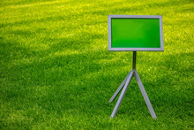 Blank Empty Sign On Green Lawn Background, Sunny Day In Spring, Copy Space