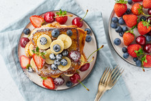 French Toasts With Berries, Brioche Breakfast, White Background Top View