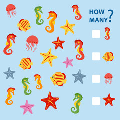 How many is game for preschool children on the sea animals and fish theme