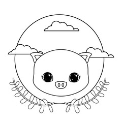 Poster - head of cute piggy in frame circular with crown of leafs