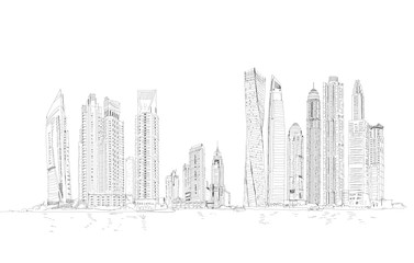 Sticker - Dubai Marina view with skyscrapers. Detailed sketch, panoramic view