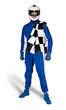 © stockphoto-graf - Determined race driver in blue white motorsport overall shoes gloves integral safety crash helmet and chequered checkered flag isolated white background. Car racing motorcycle sport concept.