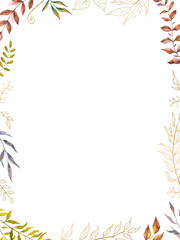 Watercolor herbal mix vector frame. Hand painted plants, branches and leaves on white background.