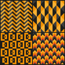 Abstract Orange Black Pixel Seamless Pattern Set Halloween Fire