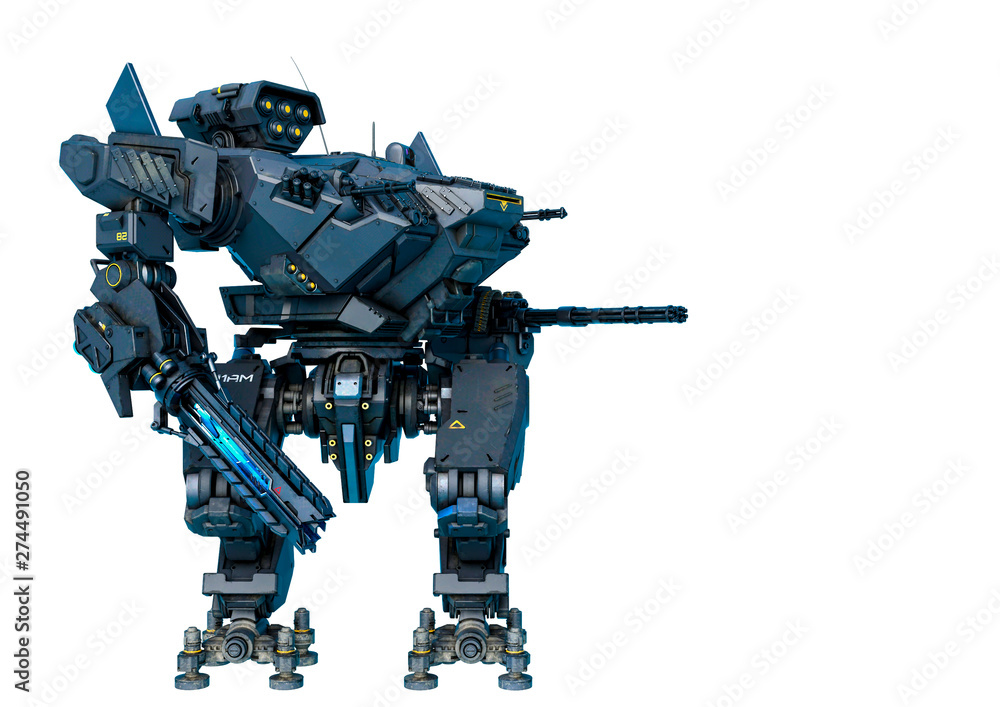 black heavy mech with a mainbody twisted in a white background - obrazy, fototapety, plakaty 
