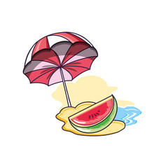 Poster - healthy slice watermelon in the beach with umbrella