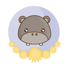 Poster - head of cute hippopotamus in frame with flowers