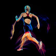 © snaptitude - one caucasian woman triathlon triathlete runner running joogger jogging studio shot isolated on black background with light painting effect