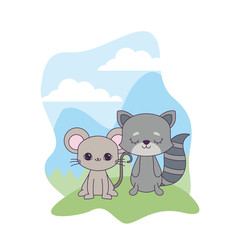 Sticker - cute mouse with cat animals in landscape