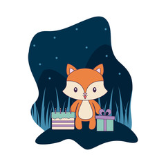 Wall Mural - cute fox with cake of birthday and gift box