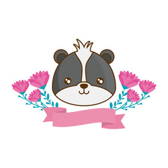 Wall Mural - head of cute raccoon with flowers and ribbon
