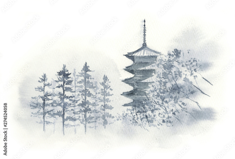 五重塔 水墨画 墨絵 Stock Illustration | Adobe Stock