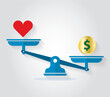Balance scale weight for love and money. Vector conceptual illustration.