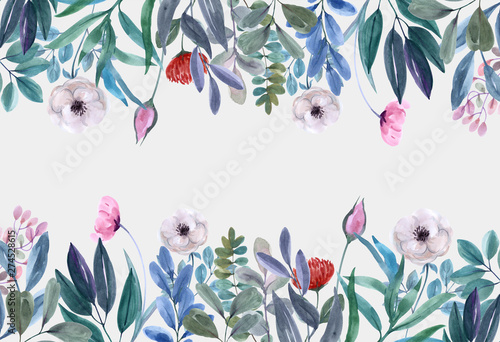 invitation frame set; flowers, leaves, watercolor, isolated on white. Sketche...