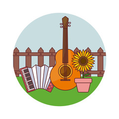 Wall Mural - accordion with guitar and sunflower in frame circular