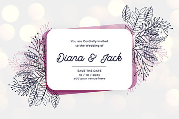 stylish wedding invitation card design with line leaves and florals