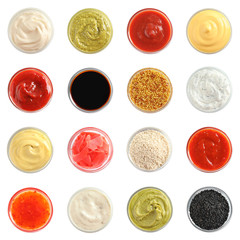 Poster - Set of different delicious sauces on white background, top view