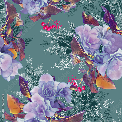 Primula and leaves seamless pattern.