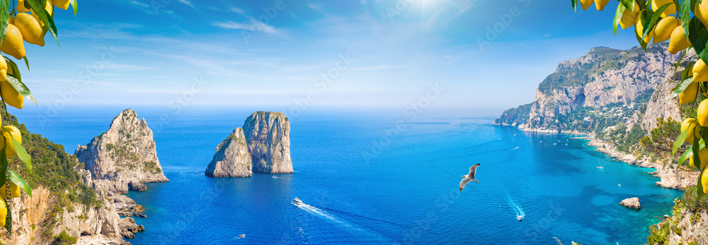 Panoramic collage with attractions of Capri Island, Italy - obrazy, fototapety, plakaty 