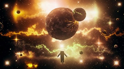 Wall Mural - Gold Sci-Fi Space Planets with Nebula & Astronaut Loop Background